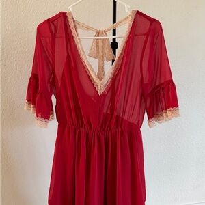 Red Sheer Mini Dress with Lace Trim open back